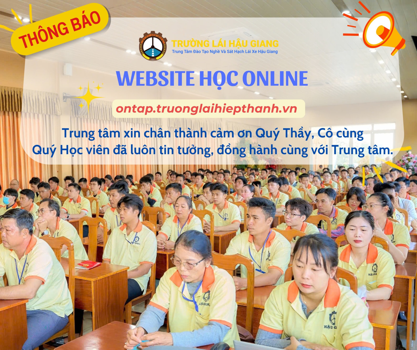 Trường lái Hậu Giang triển khai thêm nền tảng học lý thuyết online trên website https://ontap.truonglaihiepthanh.vn 